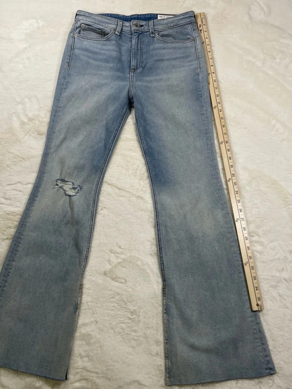 rag & bone Light Blue Flare Jeans with Distressed Knee